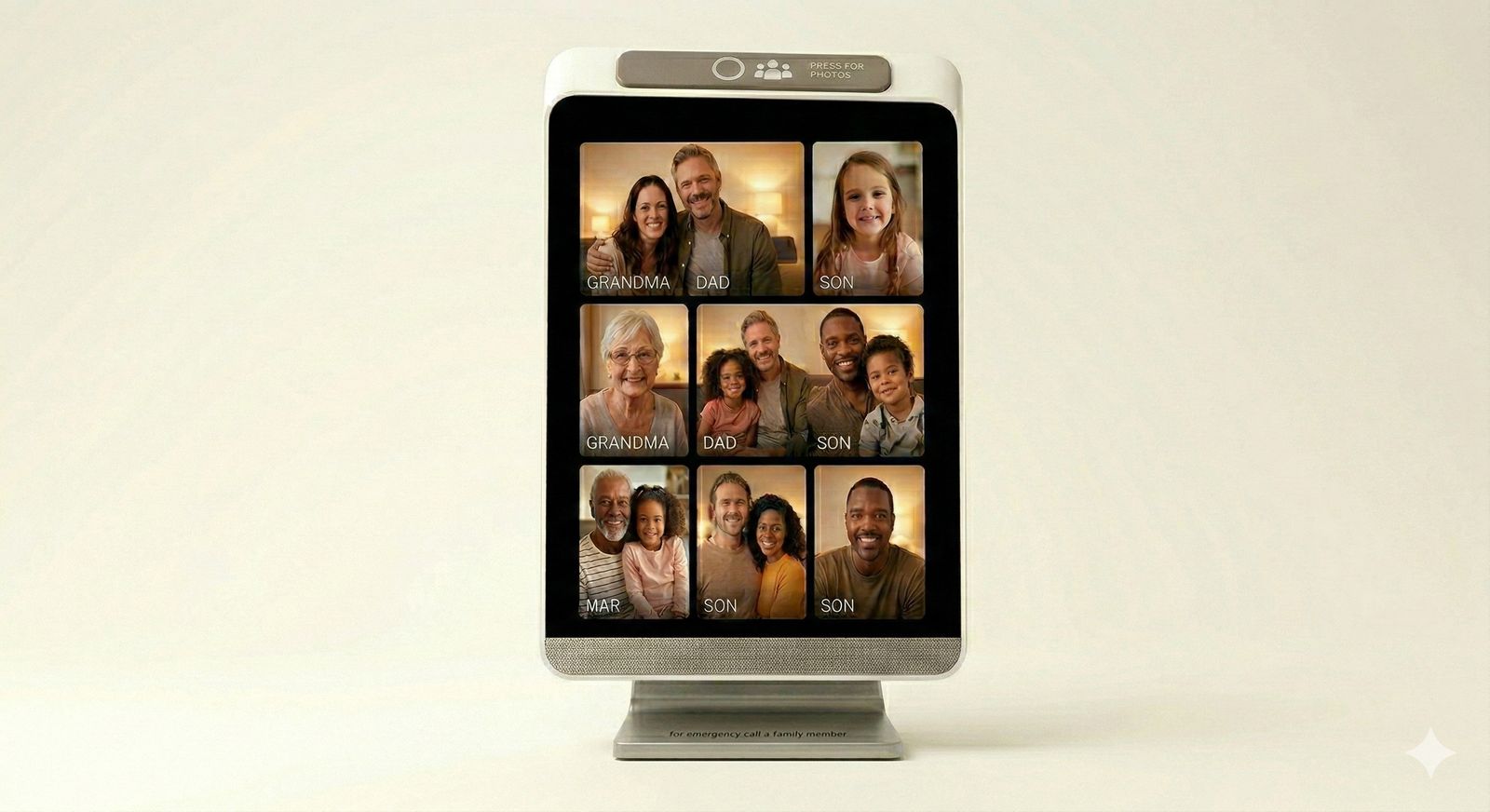 The Ken: a 10-inch touchscreen on a stand, showing a grid of family photographs to call.