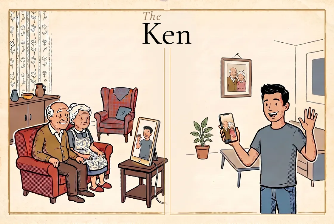An older couple at home, their grandson waving to them from The Ken's screen